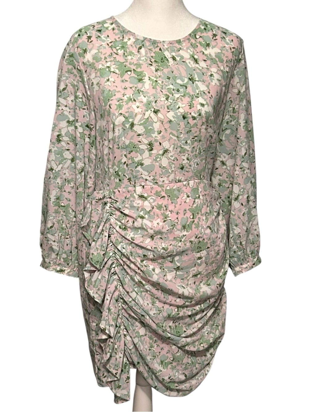 Entro Floral Ruched Mini Dress Pink & Sage Green Size Large